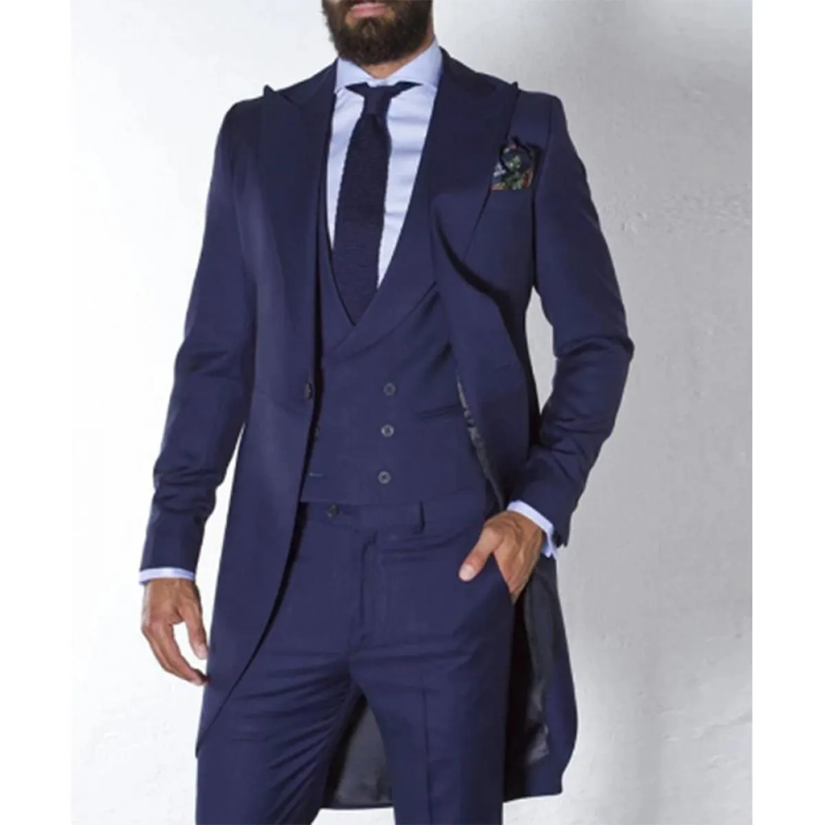 2022 Blu Navy Frac Abiti Da Uomo Per La Cerimonia Nuziale Custom Made Smoking Dello Sposo Lungo Moda Maschile Giacca Sportiva 3