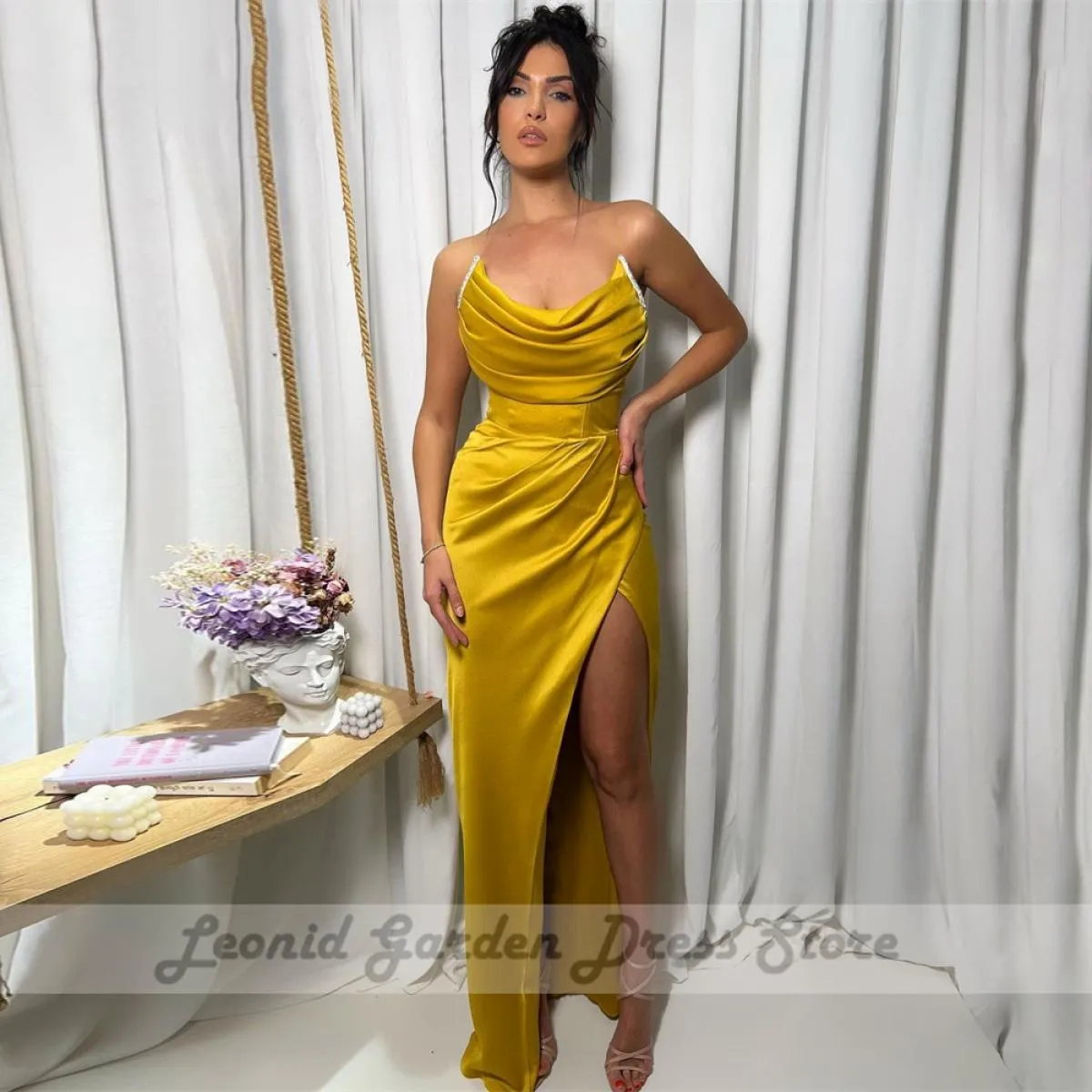 Abiti Praty a sirena gialla 2023 Abiti da sera lunghi con scollo a spacco sul lato alto Abiti da sera eleganti in raso personali