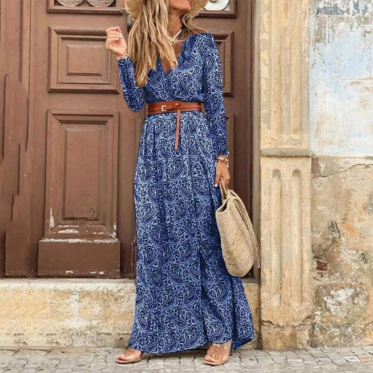 Abito lungo per le donne 2023 Autunno Beach Abiti bohemien Casual Vestido Robe Abbigliamento femminile  Gonna floreale Elegan