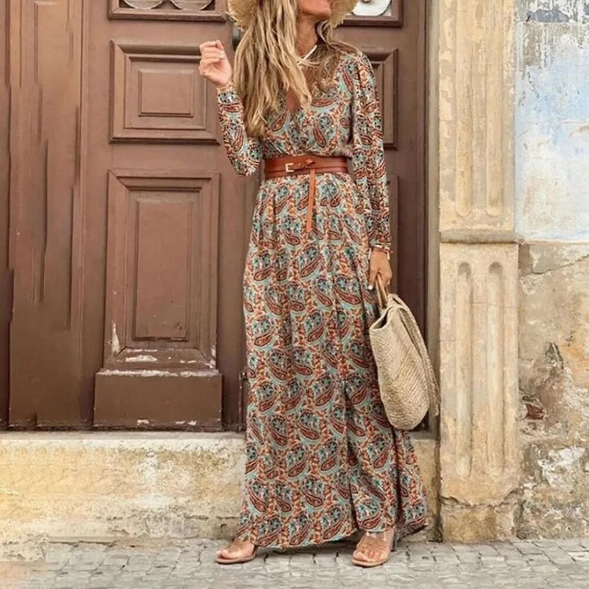 Abito lungo per le donne 2023 Autunno Beach Abiti bohemien Casual Vestido Robe Abbigliamento femminile  Gonna floreale Elegan