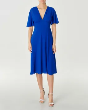 Abito midi blu China con scollo a V e maniche ampie al gomito