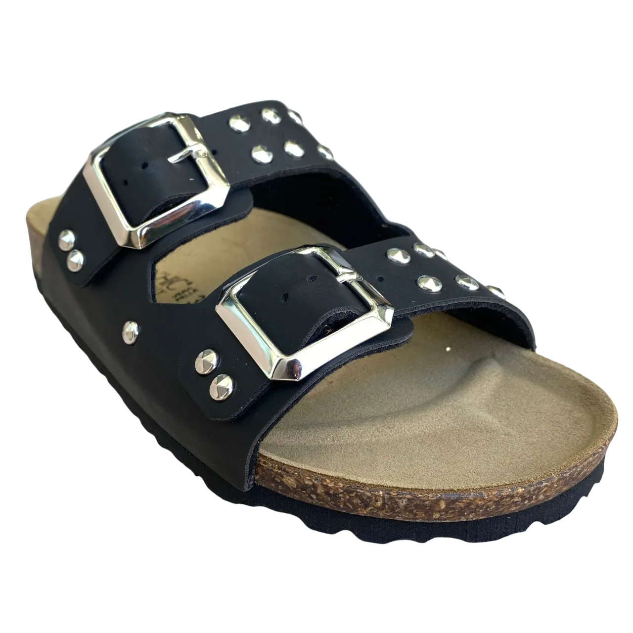 Biochic Sandalo da donna con 2 fasce con borchie e fibbie regolabili Bipel BC4003B nero