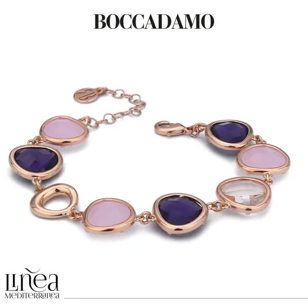 Bracciale a moduli con cristalli color pesca trasparente, viola e quarzo rosa    