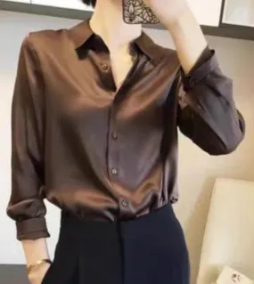 Camicetta elegante in raso da donna Camicia da ufficio in seta allentata con bottoni di lusso solido Donna Autunno Moda Casual L