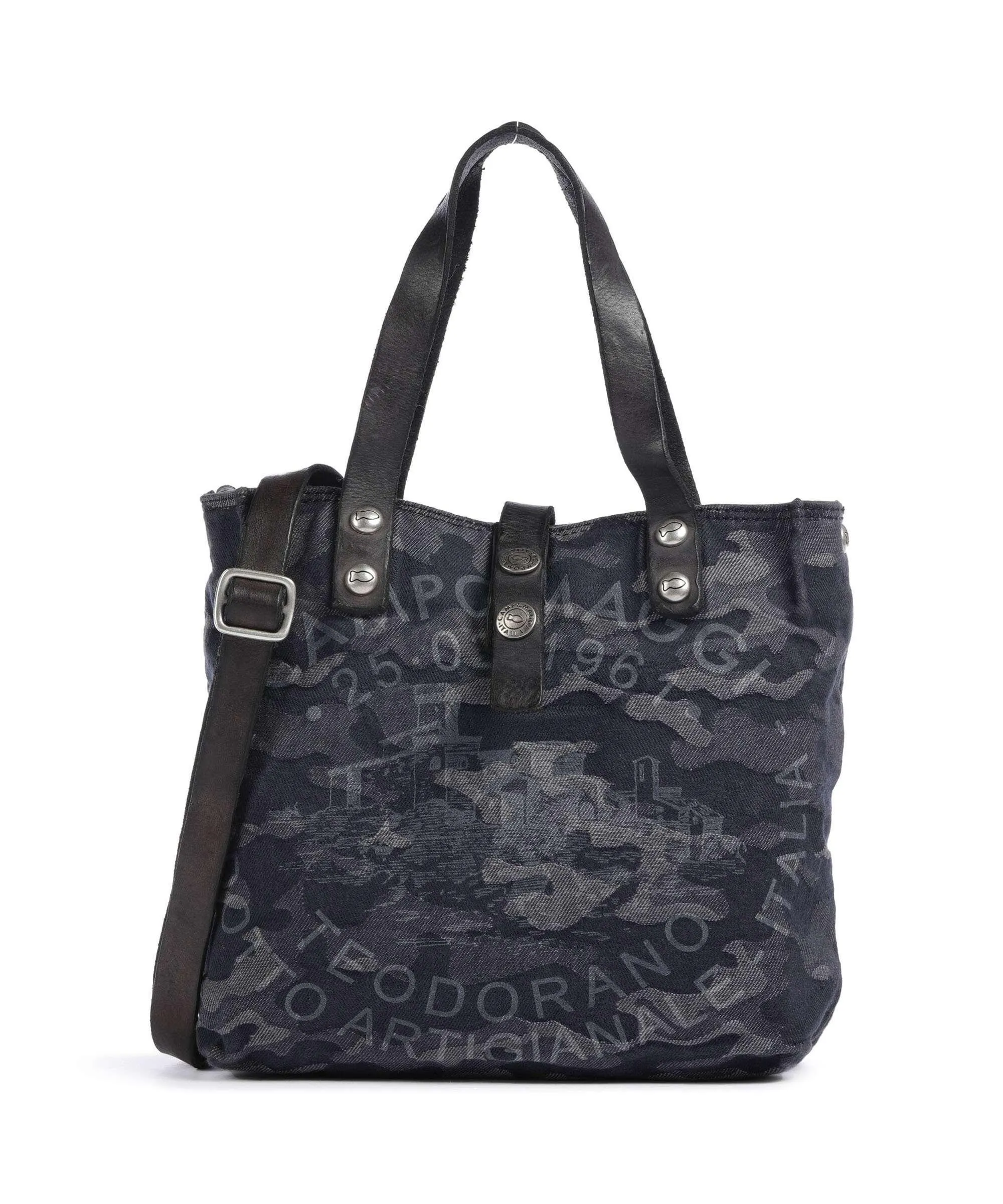  Campomaggi Borsa a mano cotone, pelle di vacchetta grana grigio-blu  
