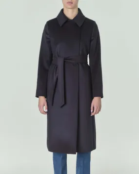 Cappotto blu in drap di pura lana con colletto a camicia e cintura in vita