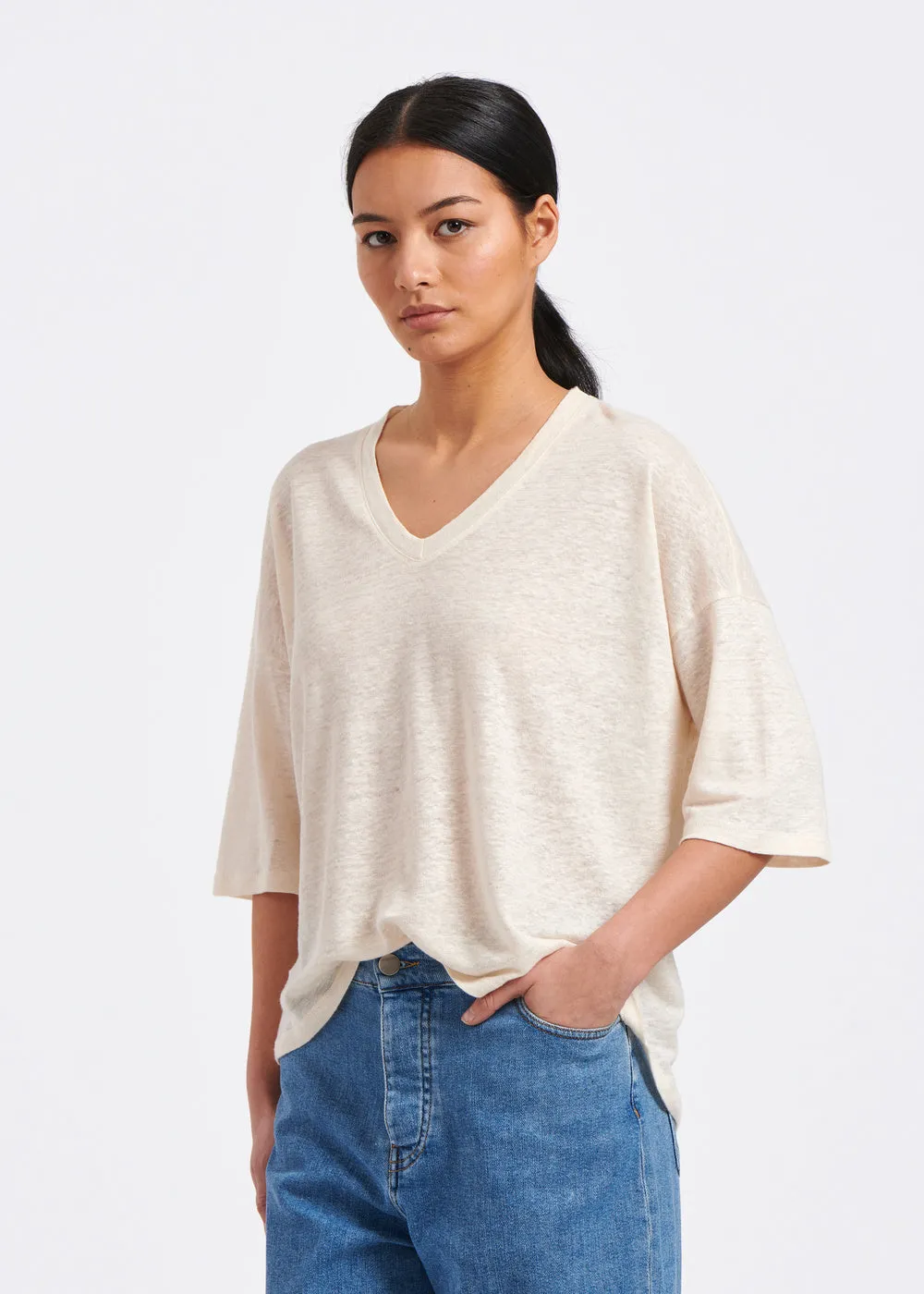 Ecru linen short-sleeved T-shirt