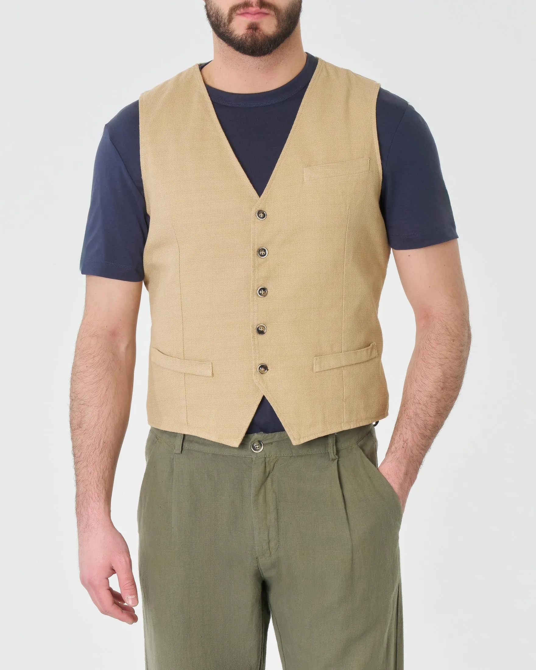 Gilet beige in cotone stretch con fodera floreale