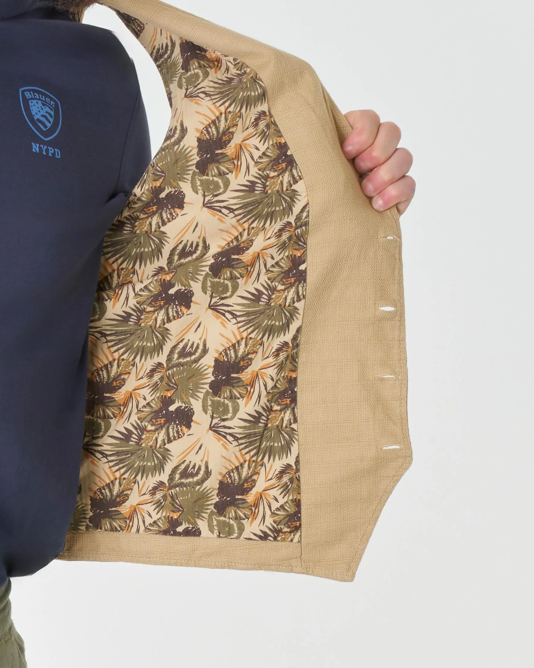 Gilet beige in cotone stretch con fodera floreale