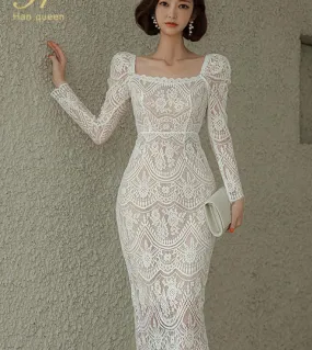 H Han Queen 2022 nuove donne semplici abiti in pizzo vintage elegante abito tubino matita ufficio moda elegante aderente sottile