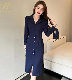 H Han Queen autunno elegante moda monopetto sottile abito a matita vintage da donna semplice aderente abiti da ufficio casual