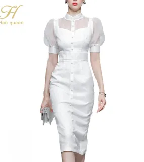 H Han Queen Elegante New Summer White Puff Sleeve Matita Abiti da donna Moda Bottoni Guaina Casual Party Dress Bodycon