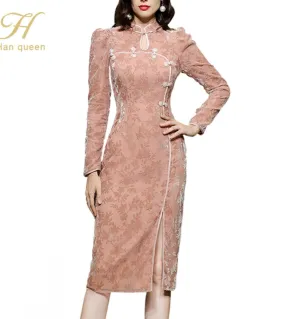 H Han Queen Elegante New Vintage Cheongsam Donna Matita Vestido Guaina Autunno Inverno Abiti da festa aderenti Casual semplice