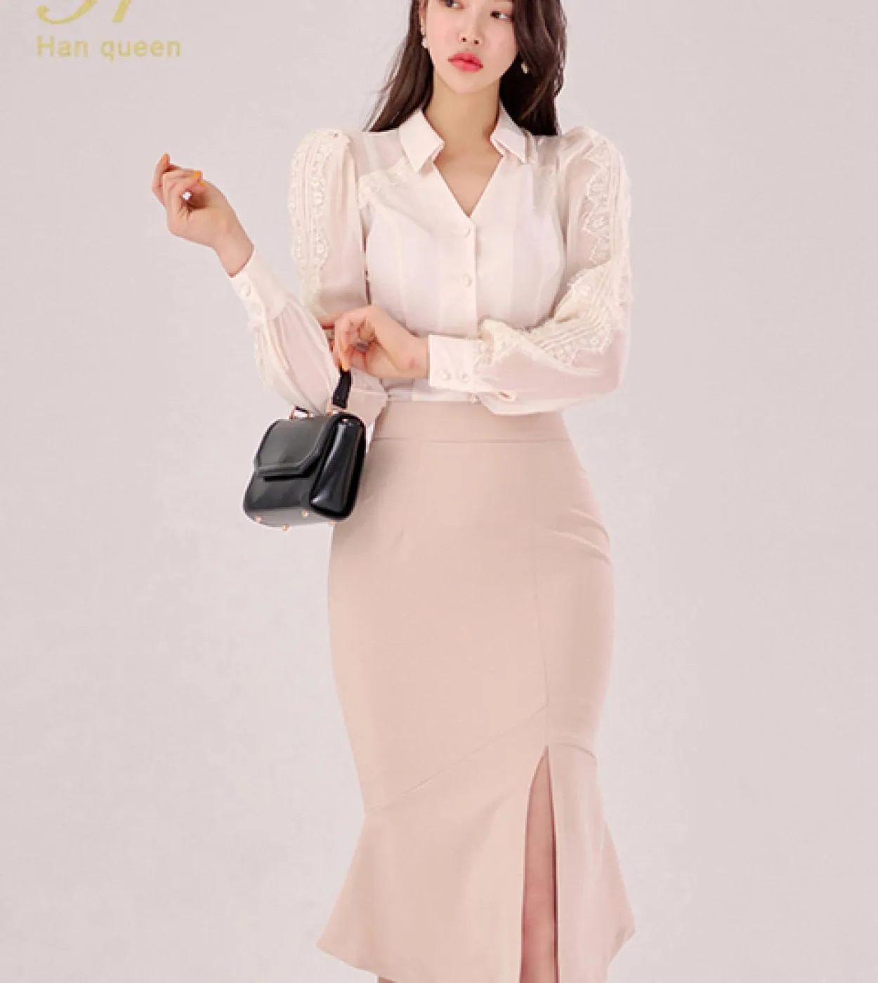 H Han Queen New 2022 Summer New 2 Piece Set manica lunga camicia in pizzo guaina matita Split abito gonna anca professionale