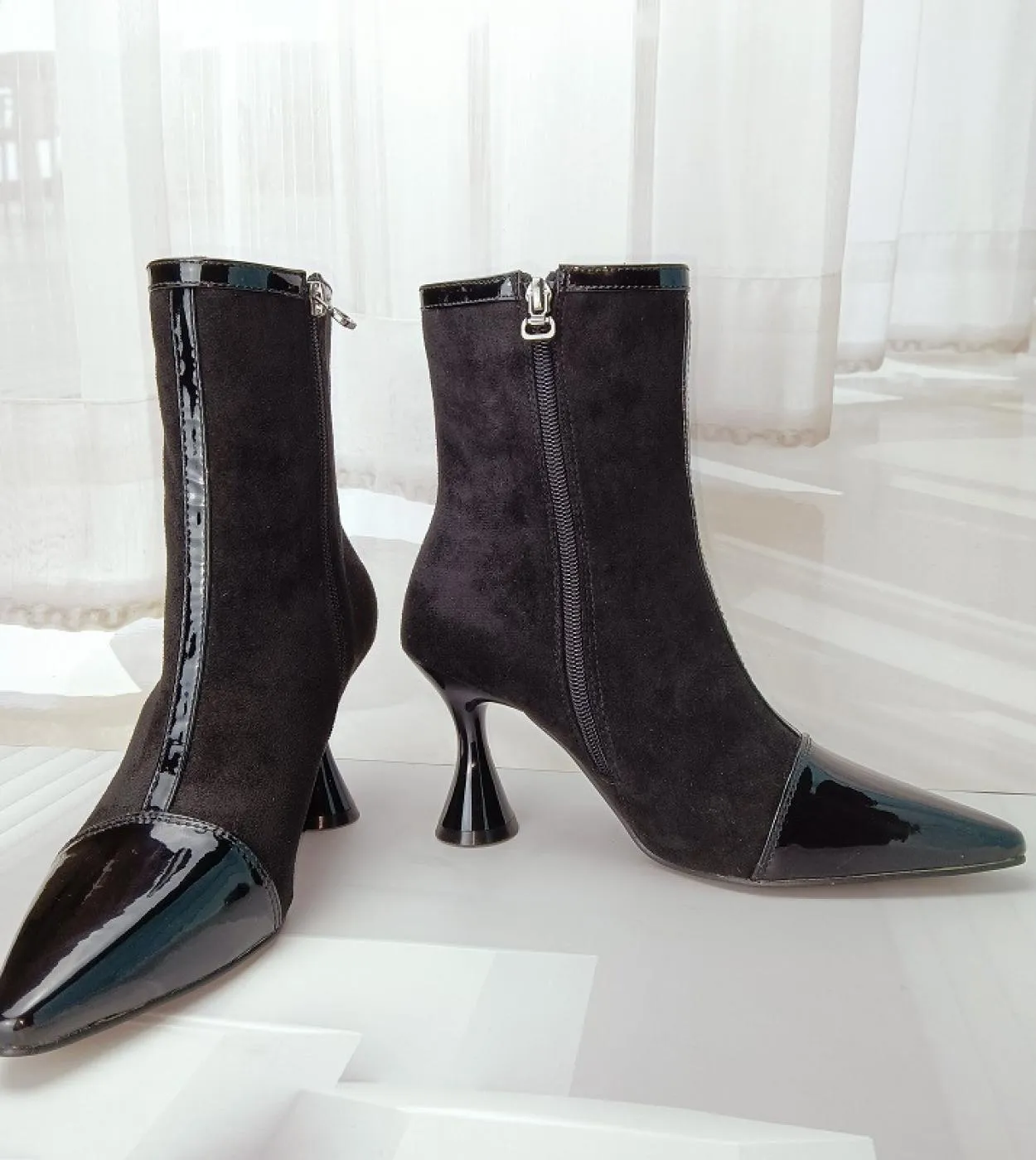 Inverno Donna 9cm Tacchi alti Stivaletti Punta a punta Verde Moda Tacchi Stivali Design Prom Stivaletti da cowboy Ragazze Gothic