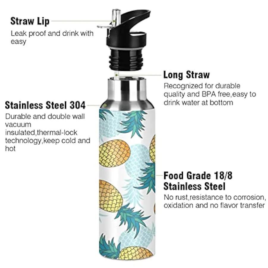 KAAVIYO Arte Dell’Ananas Bottiglia Acqua Isolato Borraccia Termica Acciaio Inox 600ML Water Bottle per Bambini Sport Ciclismo 12