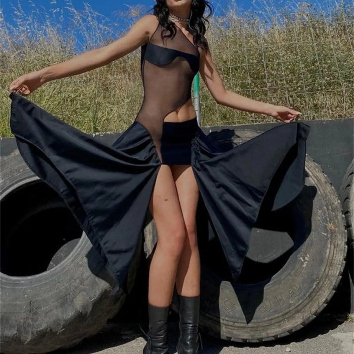 Mini abito trasparente patchwork in rete Gonna in tulle arruffato da donna High Street senza maniche per donna Abito nero Somma