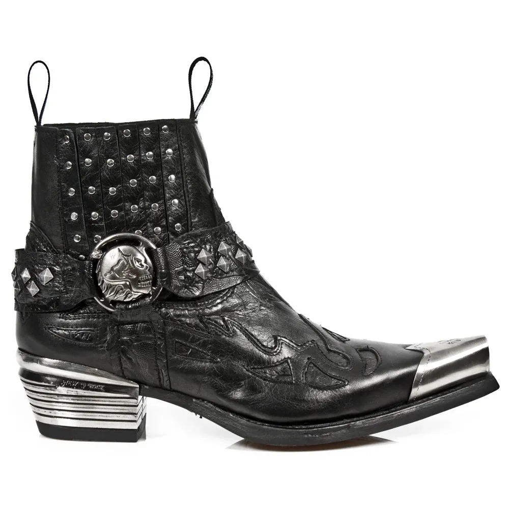 New Rock 7950P-S1 Stivali Cowboy Militari in Pelle Nera con Tacco in Metallo Biker Rock