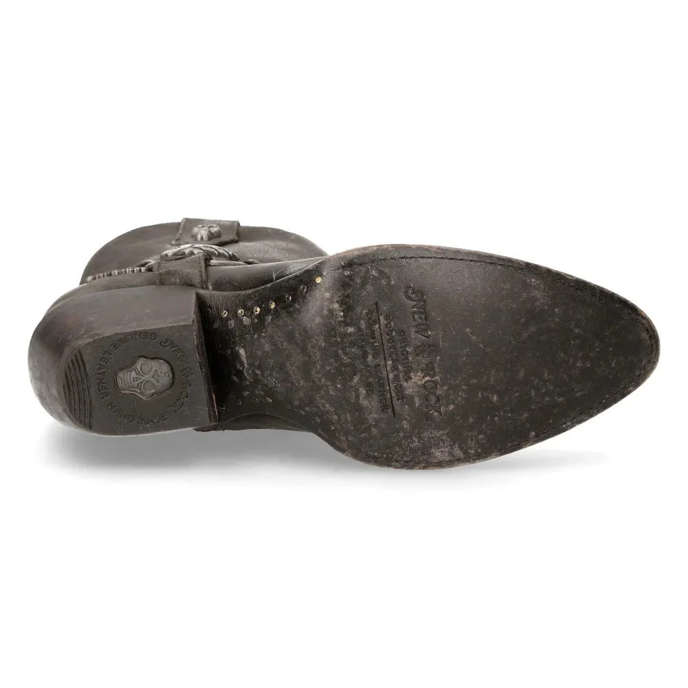 New Rock WSTM005-S1 Stivali a Punta Western Cowboy in Pelle Nera Vintage