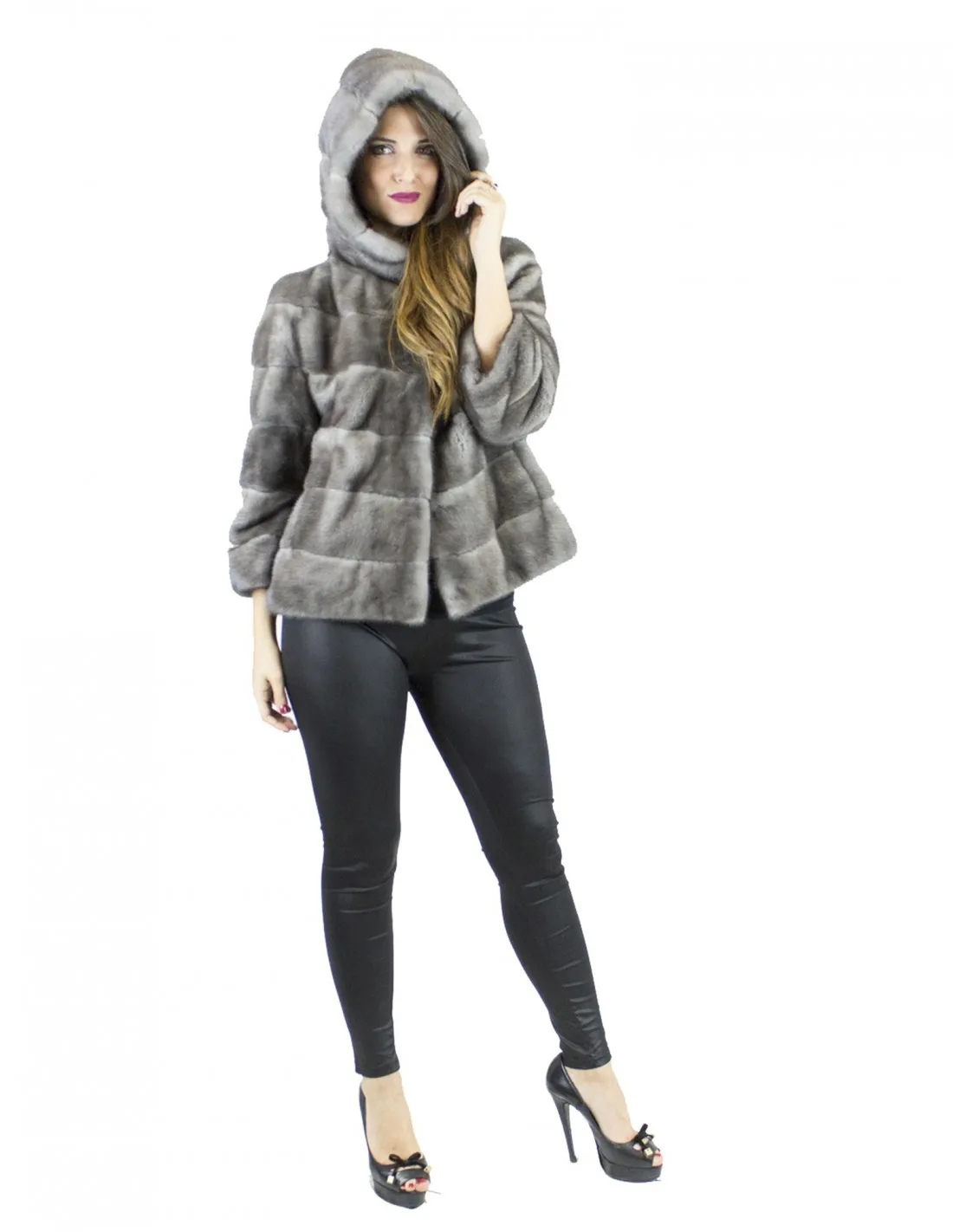 Pelliccia visone 46 blu iris giacca cappuccio vison норка fur mink Nerzpelzes fourrure 