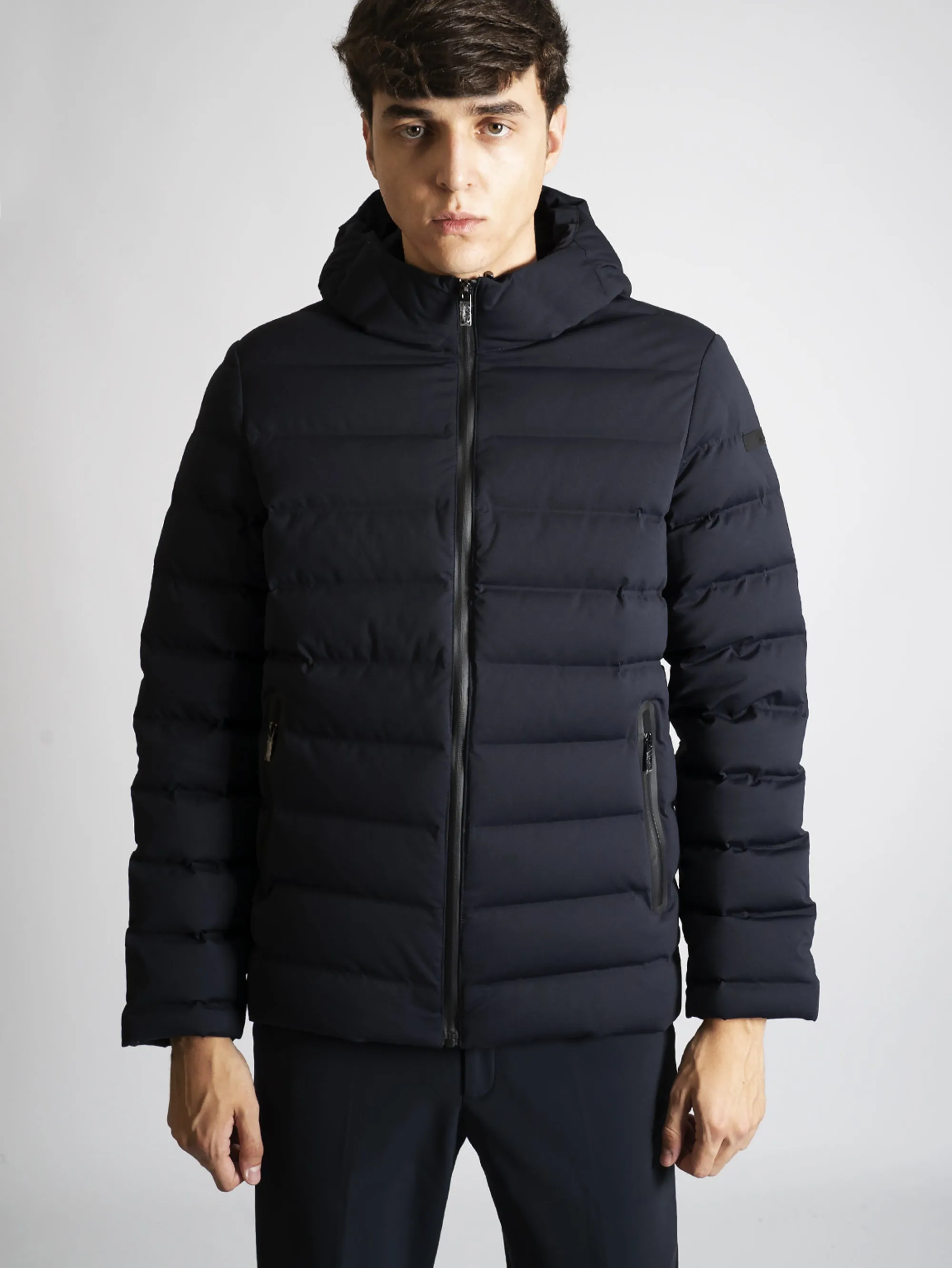 Piumino Corto con Cappuccio Blue Black