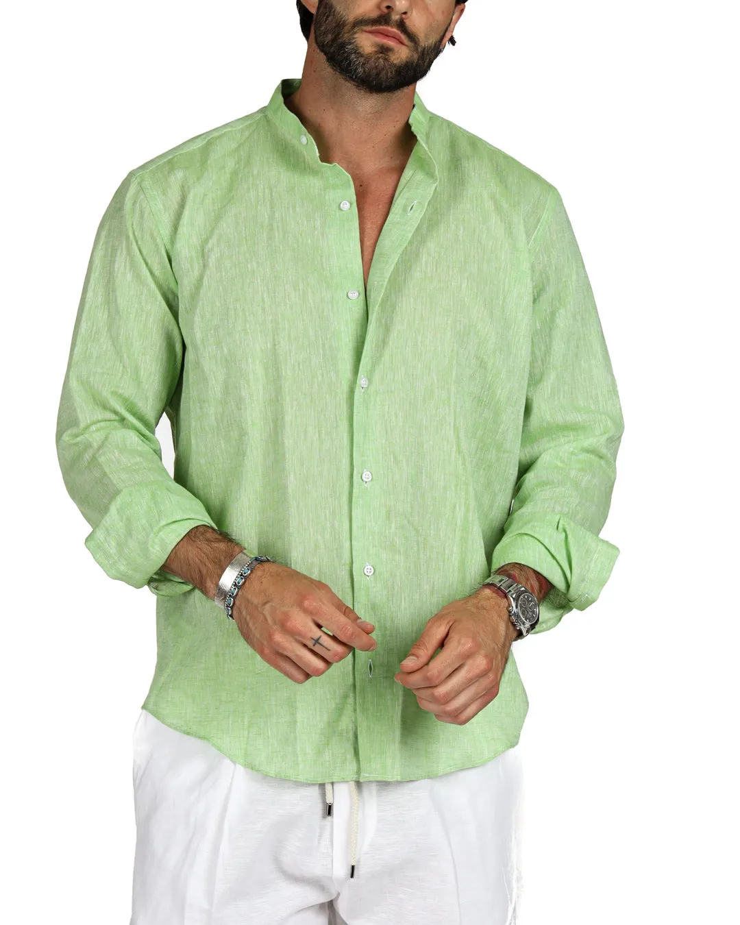 Positano - Camicia coreana verde mela in lino