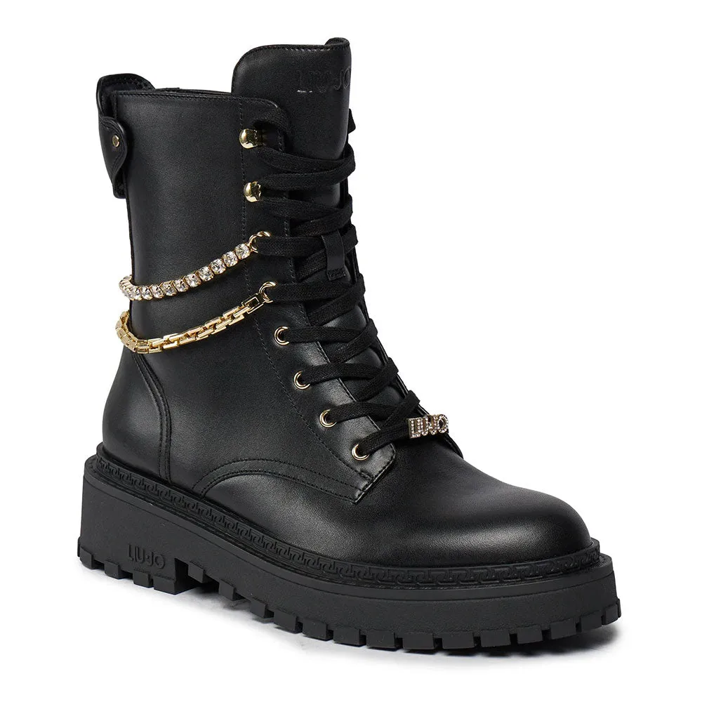 Scarpe Donna LIU JO Rumi 11 Anfibi in Pelle Nera con Catena Gioiello