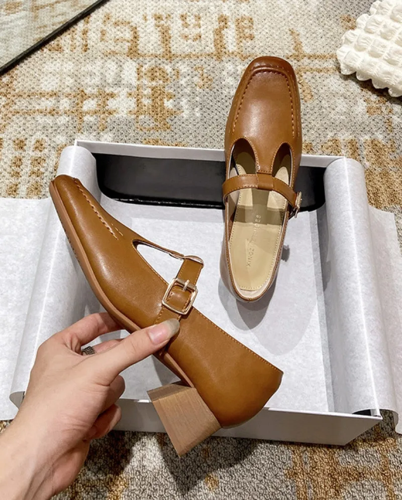 Scarpe in pelle marrone da donna tacco spesso testa quadrata Niche francese retrò a forma di T fibbia cinturino Mary Jane piccol