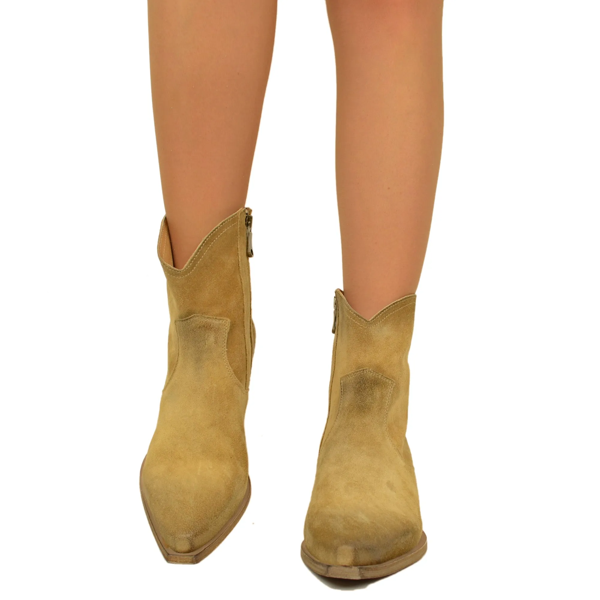 Stivaletti Donna Texani in Pelle Scamosciata Camel Made in Italy