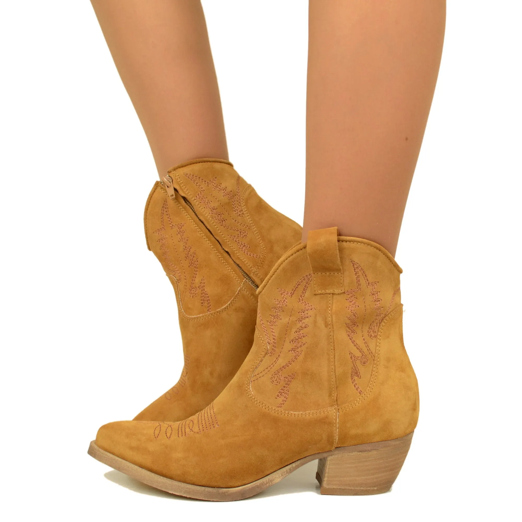 Stivaletti Texani Donna in Pelle Scamosciata Cuoio Made in Italy