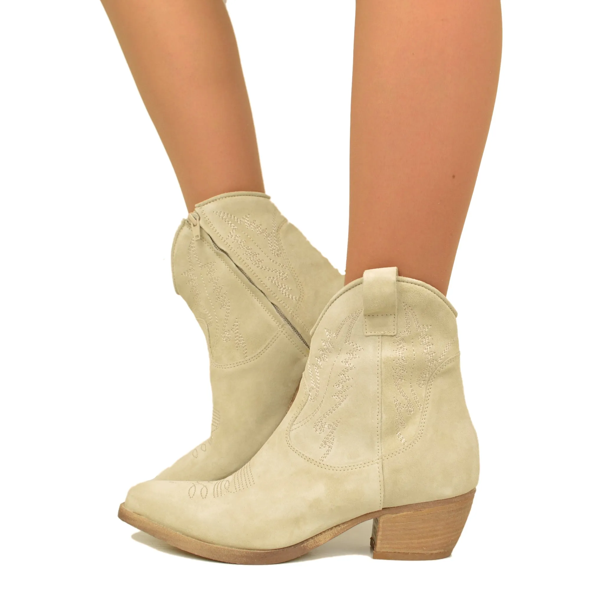 Stivaletti Texani Donna in Pelle Scamosciata Sabbia Made in Italy