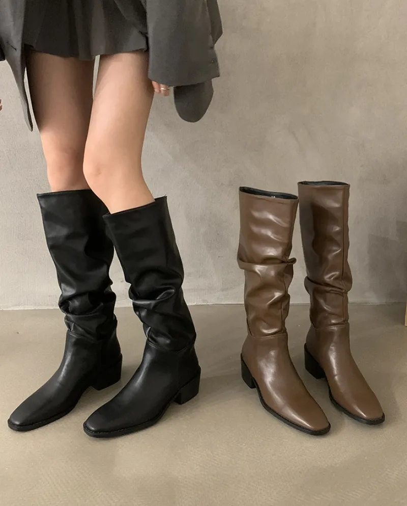 Stivali da cowboy occidentali francesi con tacco spesso per donna, nuovi stivali lunghi retrò in stile autunno e inverno