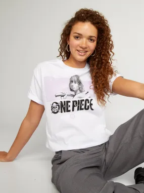 T-shirt larga cropped 'One Piece' - bianco