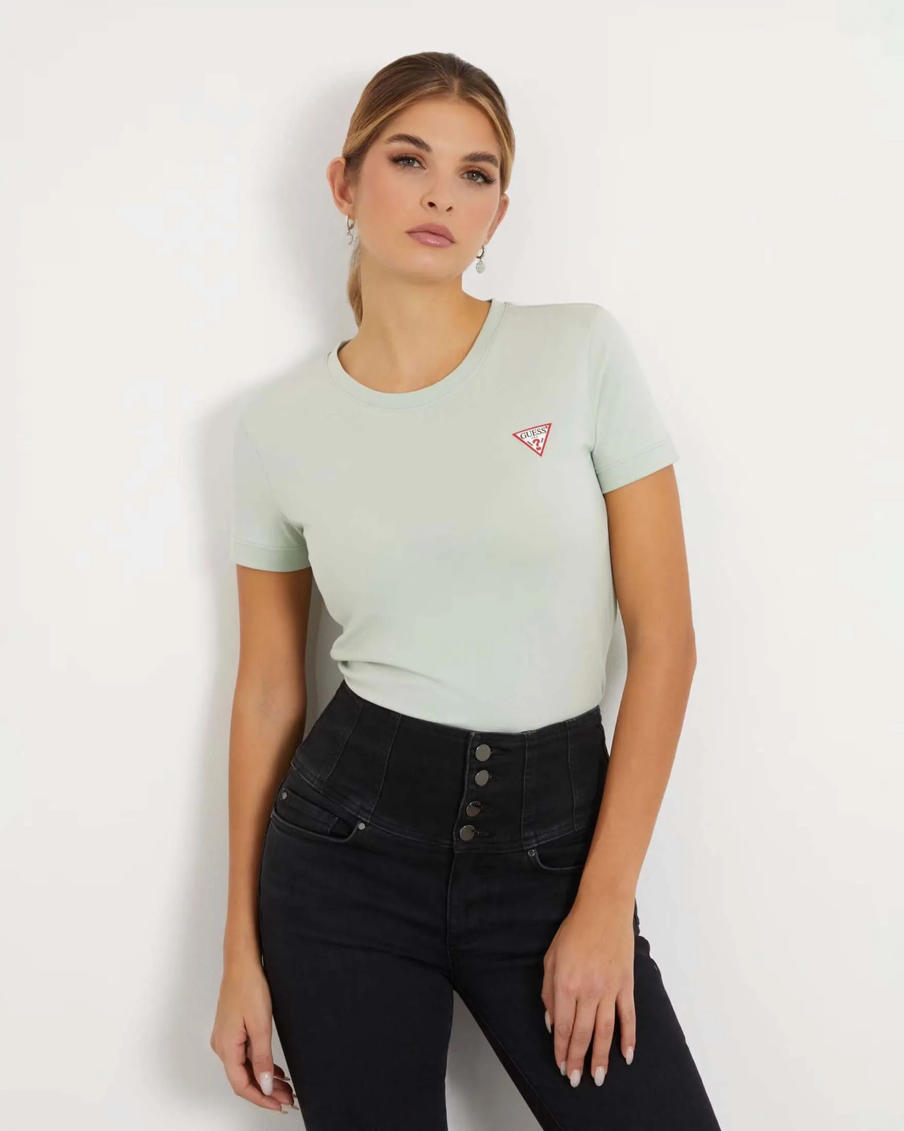 T-shirt verde chiaro slim in cotone stretch con stampa mini logo triangolare a contrasto sul petto