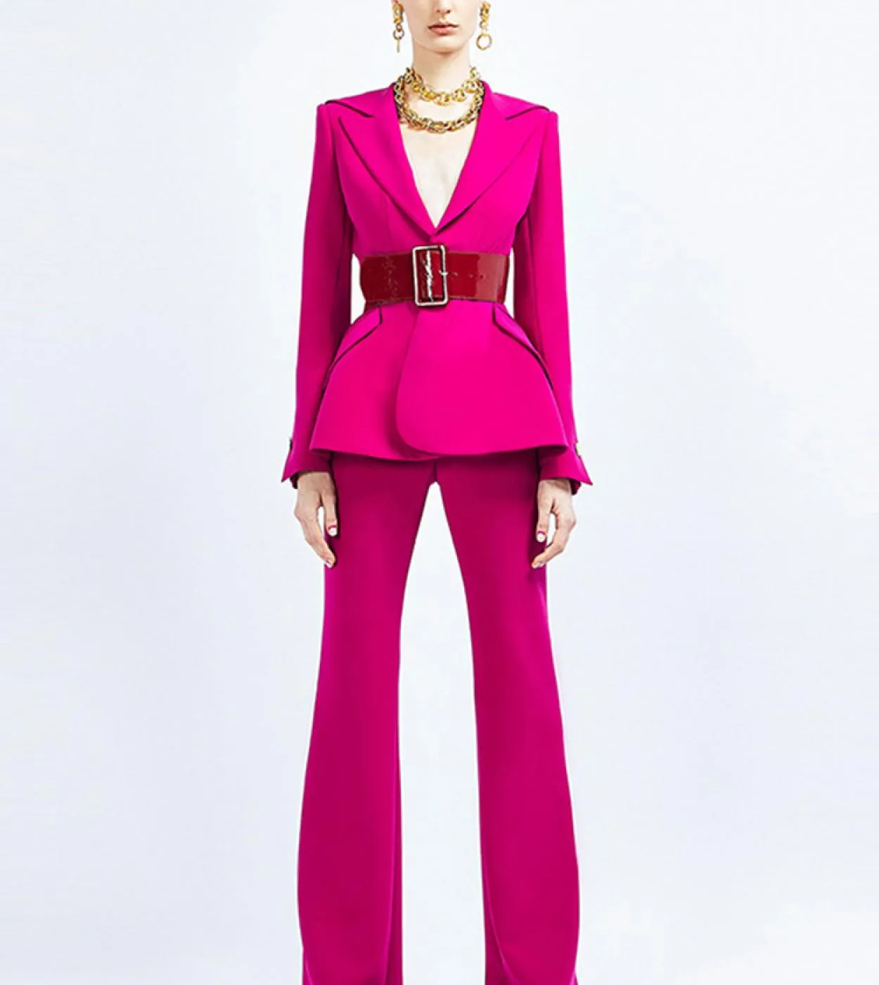 Tailleur pantalone Donna 2023 New Designer Fashion One Button Belt Suit Flare Pants Blazer Set Due pezzi Pantaloni da ufficio Su