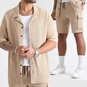 Waffle 3278 Set camicia oversize a maniche corte e pantaloncini cargo beige