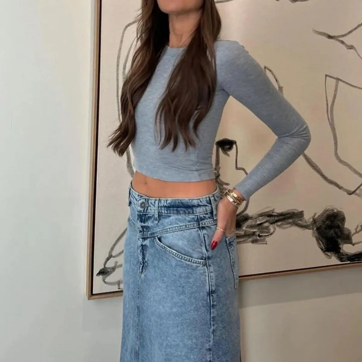 Xpqbb  Streetwear Gonne da donna Moda estiva Gonna lunga in denim ad alta Wist per le donne Vintage Loose Blue Aline Maxi Sk