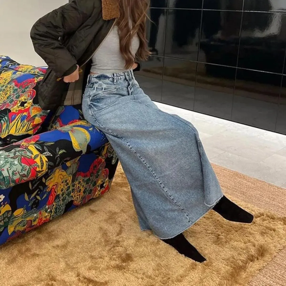 Xpqbb  Streetwear Gonne da donna Moda estiva Gonna lunga in denim ad alta Wist per le donne Vintage Loose Blue Aline Maxi Sk